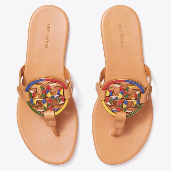 Tory Burch $298 Enamel Miller Soft Sandal Multi Natural Vachetta Tan MANY SIZES - Picture 4 of 13